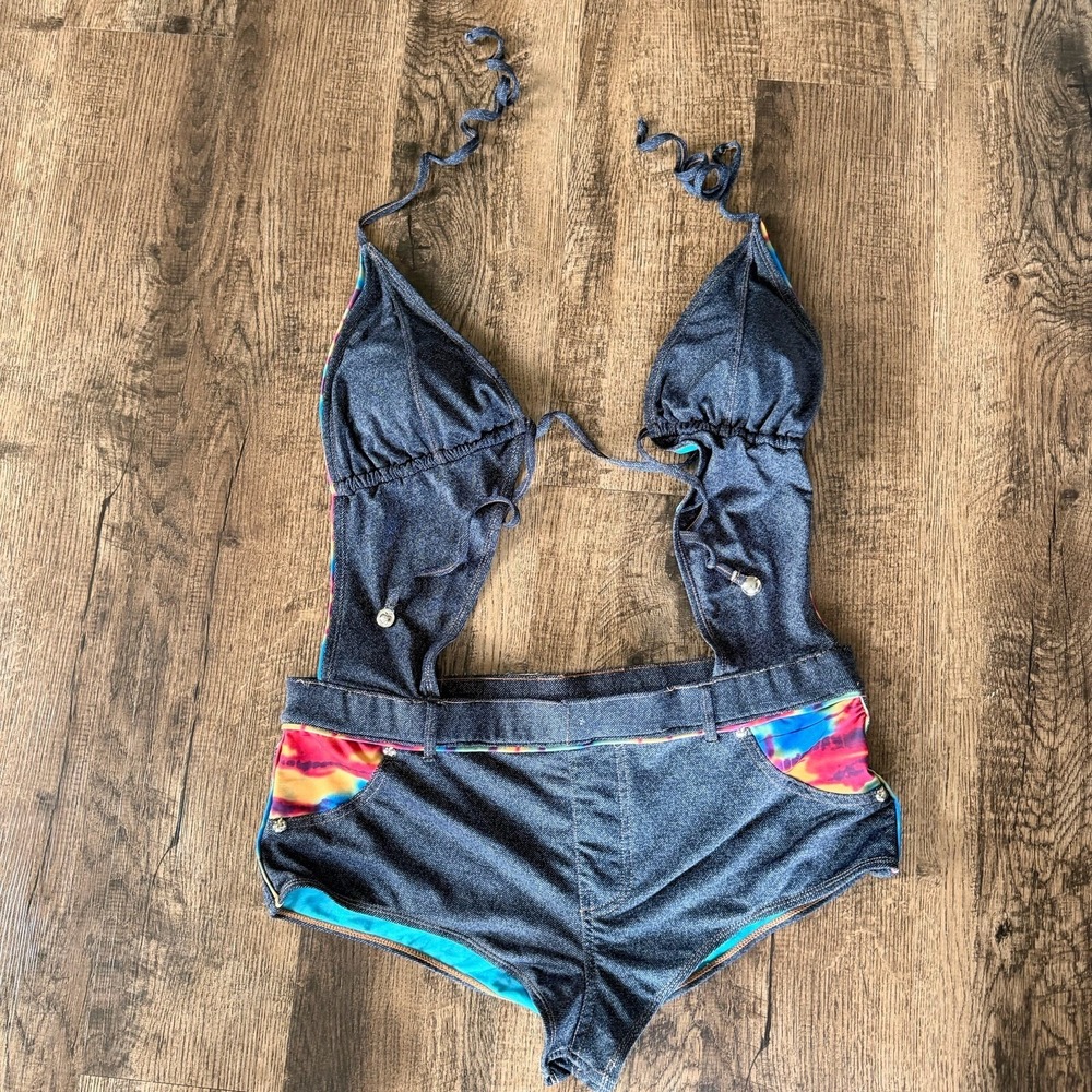 Apple Bottoms Y2K Denim Print Monokini Swimsuit Halter One Piece Womens S